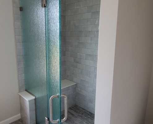 Glass shower door and tile shower