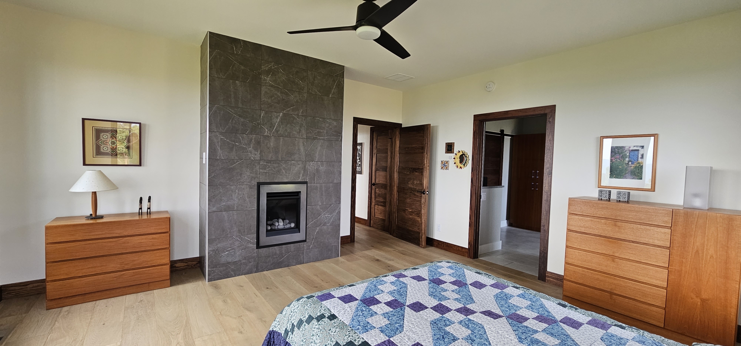 stone chimney and bedroom
